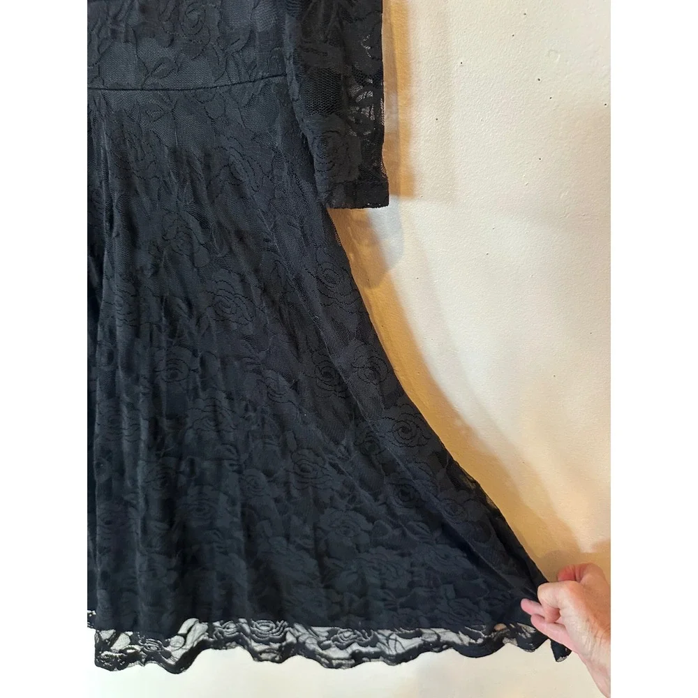 Y2K Black Floral Lace Fit and Flare Dress Whimsigoth Grunge Punk 3/4 Sleeve Sm